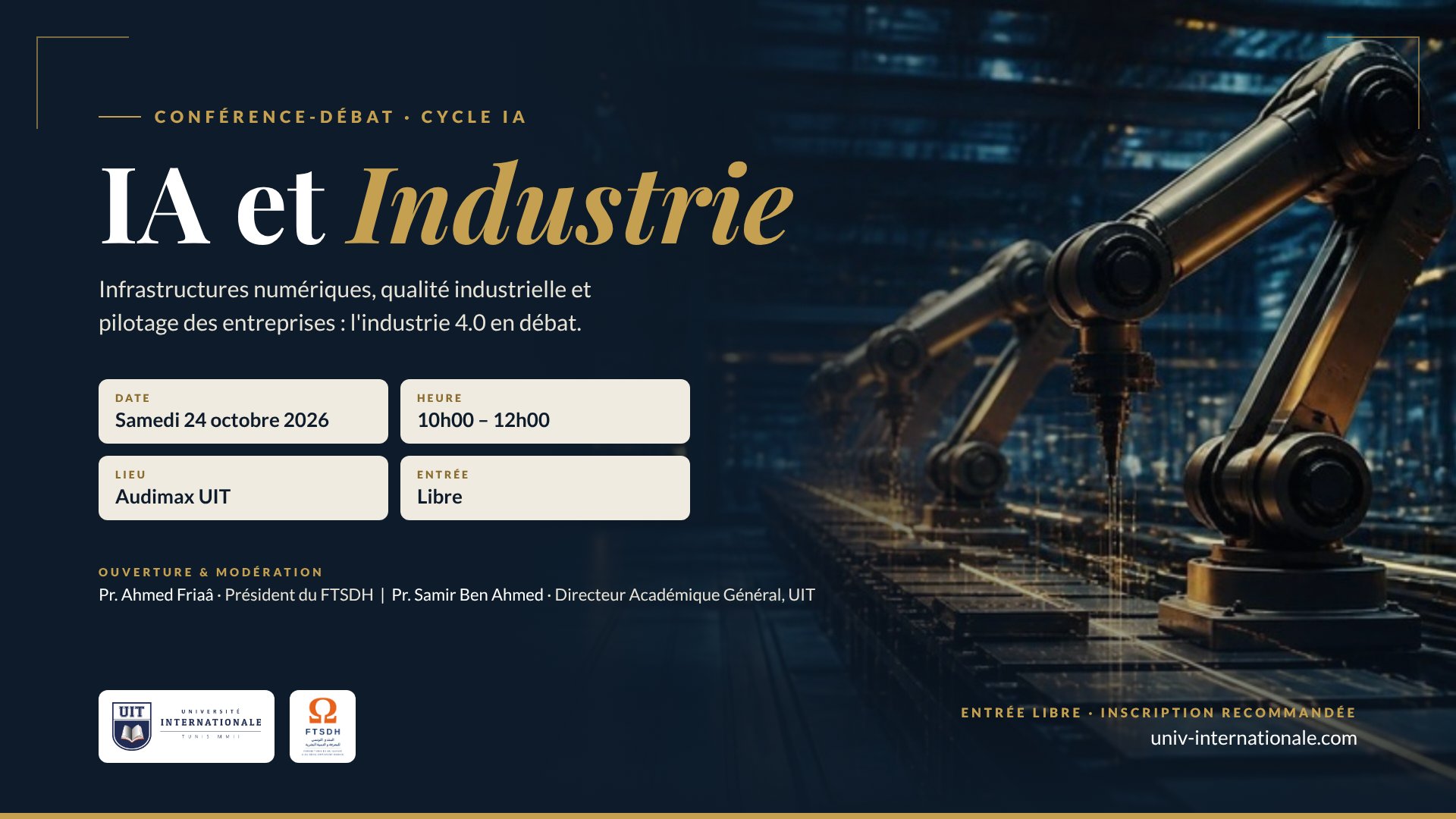 Visuel de la conférence-débat IA et Industrie, samedi 24 octobre 2026, UIT et FTSDH